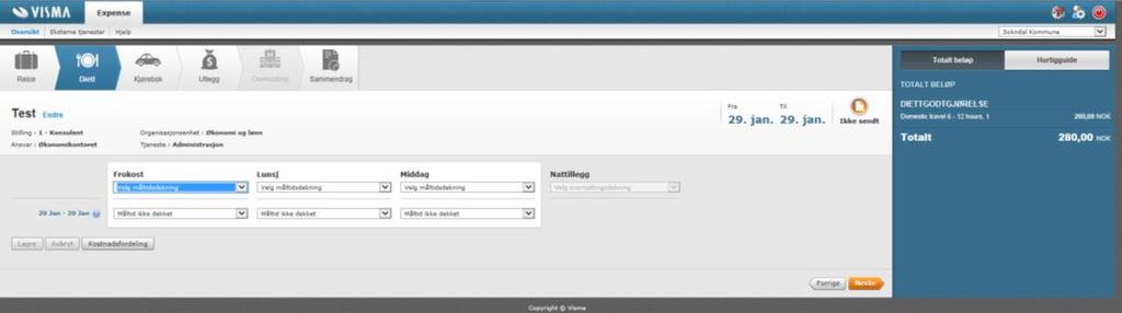 Skriv inn Beskrivelse, velg stilling, skriv inn formål. Klikk på dato og du kan velge fra klokkeslett og velg ok. Dersom reisen er på 1 dag velger du samme dato en gang til og til klokkeslett.
