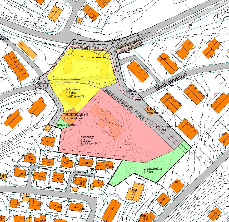 4. Planforslaget 4.1 Arealbruk Arealformålene er i hovedsak offentlig bygning i form av barnehage, boligformål og grønnstruktur. Man har i tillegg avsatt et område til kommunaltekniske formål.