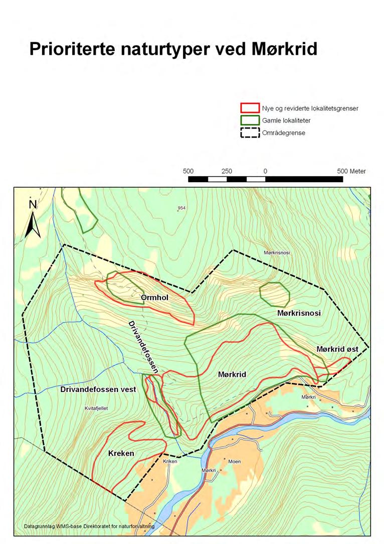 Figur 4.7 Forslag til reviderte naturtypelokaliteter ovenfor Mørkridsgardene og Kreken i Mørkridsdalen, Luster.