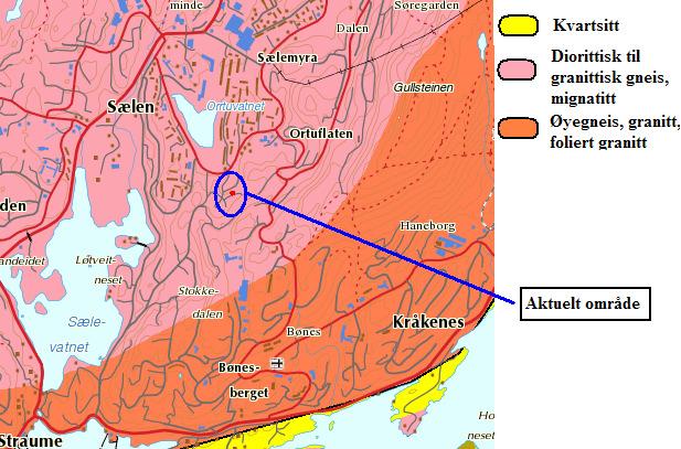 Berggrunn Bergrunnen i området er en del av Øygardskomplekset som er dannet av stedegne til nær stedegne bergarter fra protereozoisk tid, som ble omdannet under den kaledonske fjellkjededannelsen.