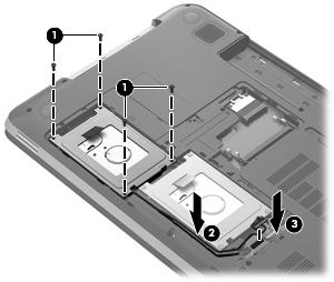 2. Sett tilbake de fire skruene (1) på harddisken, sett inn harddiskkabelen under kabelklemmen (2), og koble deretter til harddiskkabelen (3). 3.