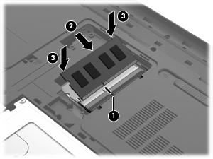 c. Trykk minnemodulen (3) forsiktig ned ved å trykke på både venstre og høyre side av modulen, helt til festeklipsene smekker på plass.