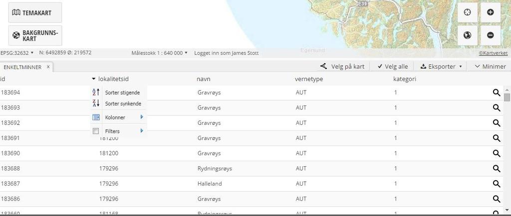 filter for å avgrense dataene du ser i tabellen når du klikkar på nedtrekkspila