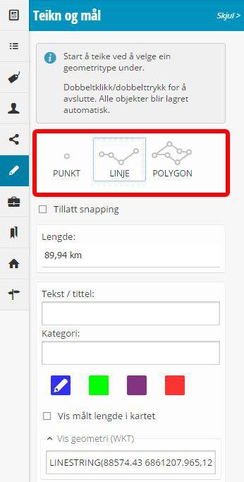 Teikn og mål - Linje Same som for punkt, men du må klikke to eller fleire gonger