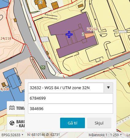 Klikk på koordinatane nedst i venstre hjørne då får du fram ein boks der du kan velje koordinatsystem og skrive inn