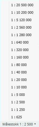 Du kan velje målestokk frå ei liste nedst i venstre hjørne.