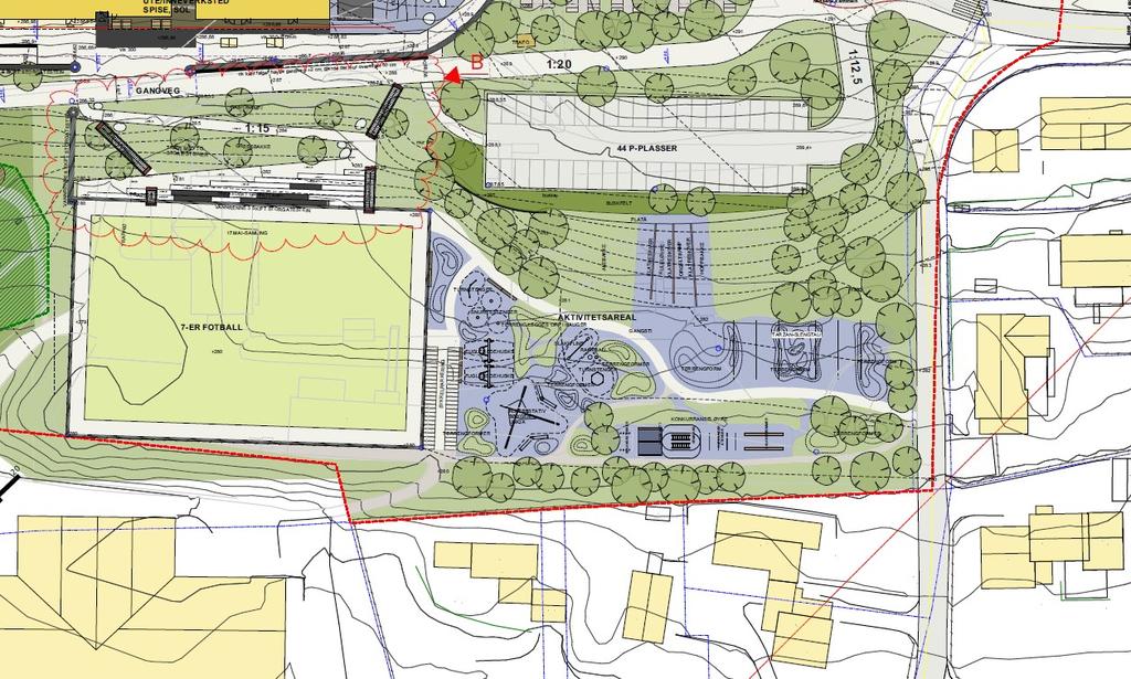 Ved offentlig ettersyn var fotballbanen vist sørøst i planområdet (figur 2), da dette ble vurdert å gi et godt sammenhengende uteoppholdsareal.