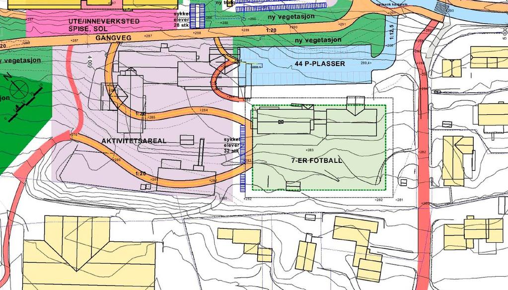 Figur 1: Utsnitt fra gjeldende illustrasjonsplan/landskapsplan ved sluttbehandling (vedlegg 4). Figur 2: Utsnitt fra illustrasjonsplan ved offentlig ettersyn.