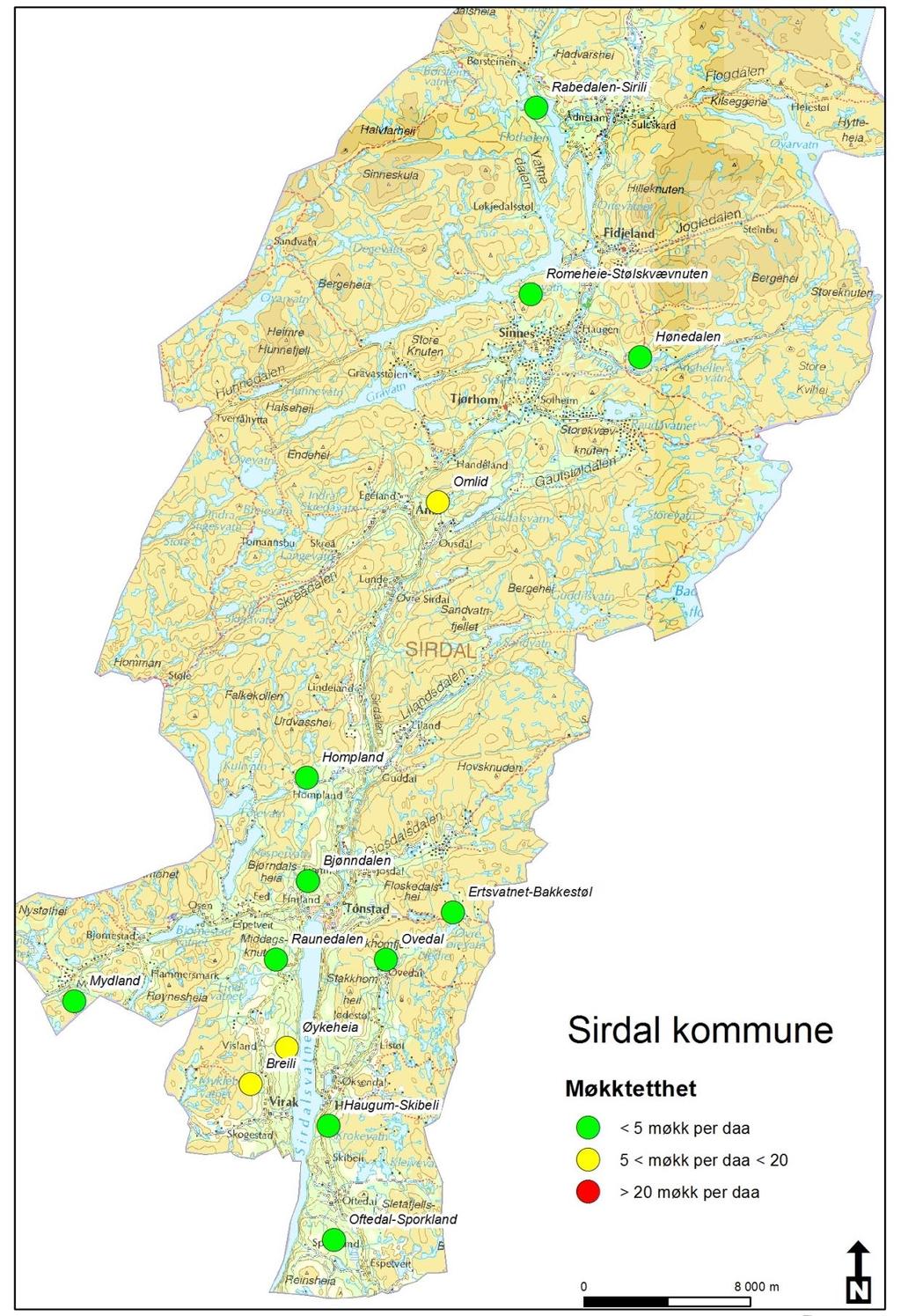 Resultat Kartfigurer Figur 4. Gjennomsnittlig møkktetthet i de ulike takseringsområder i Sirdal 2013.