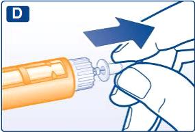 C Snemite veliki zunanji pokrovček igle in ga shranite za pozneje. D Snemite notranji pokrovček igle in ga zavrzite. Nikoli ga ne poskušajte znova namestiti na iglo.