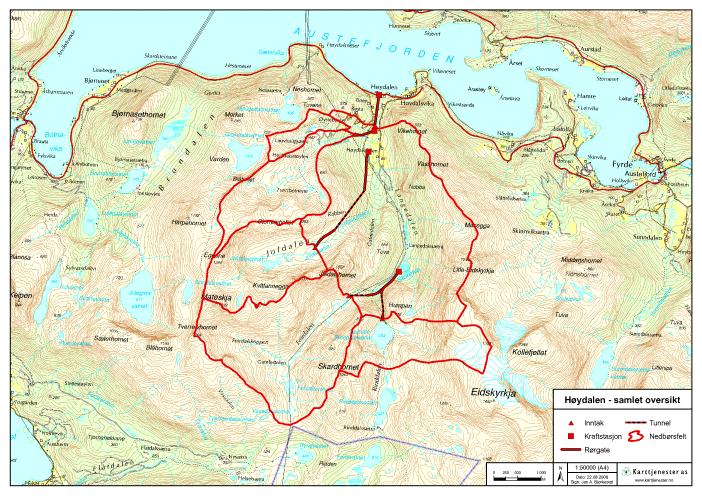 Øggardselva kraftverk forringet av høyspentlinja som krysser rett over. Fra høydal og deler av Langedalen har en utsikt mot Øggardselva. Det er ett konsentrert fall fra kote 600 til kote 300.