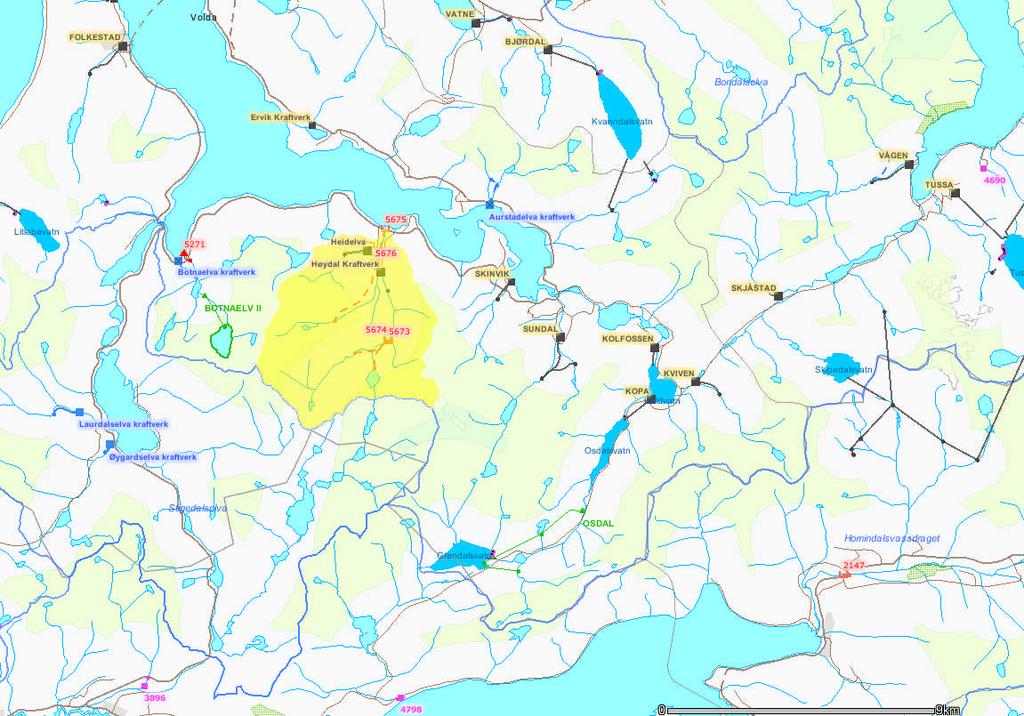 Øggardselva kraftverk FIGUR 4: OVERSIKT OVER KRAFTVERK OG KRAFTVERKSPLANER I NÆROMRÅDENE. VASSDRAGET STORELVA ER MARKERT MED GUL FARGE.