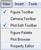a) Plot Edit Toolbar og Property Editor kan du få fram hvis du går inn på View og merker dem av i undermenyen. Figure Toolbar kan du også merke av om det ikke allerede er gjort.