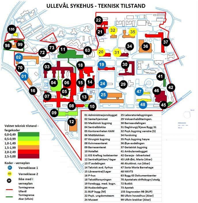 Kart 2: Teknisk tilstand bygningsmasse Ullevål sykehus Kart 2 viser de byggene som er vurdert i rapporten til Multiconsult. Disse presenteres med samme fargekode som i diagrammene.