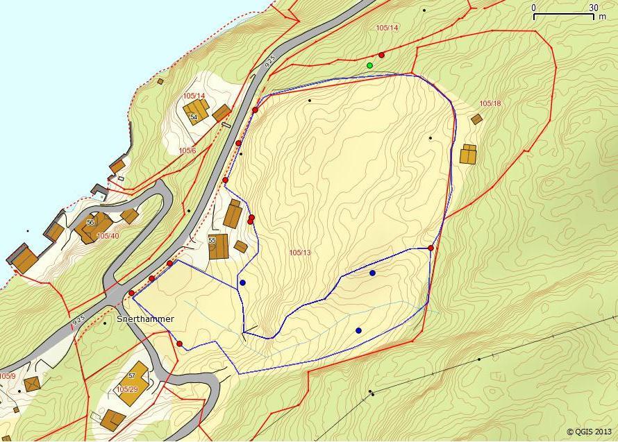 Avgrenset slåttemark i sør og naturbeitemark i nord. Ask som er rødlistet(grønt punkt) forekommer i kantsonene, og de svartelistede artene platanlønn (rød) og hageeple (blått).