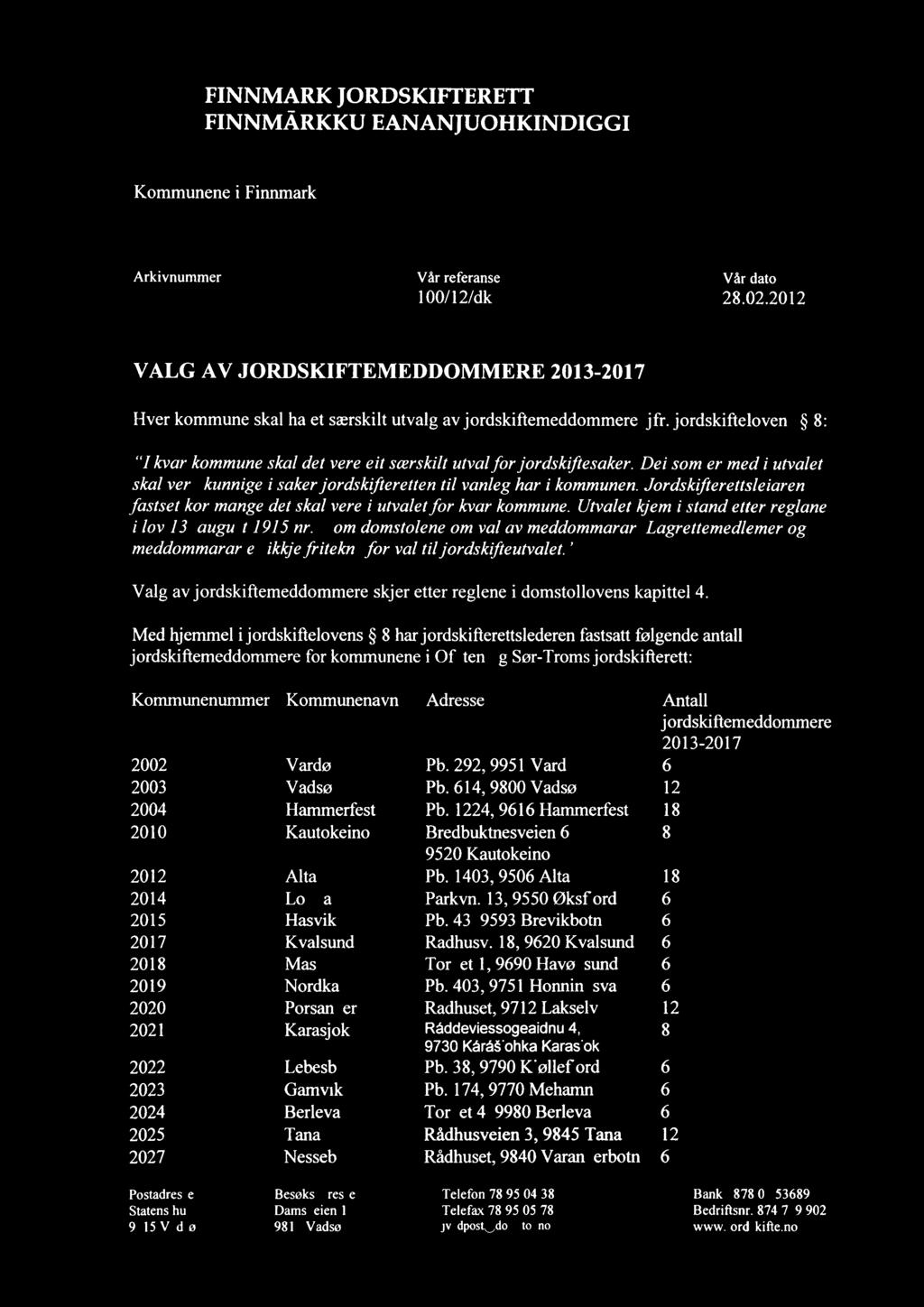 FINNMARK JORDSKIFTERETT FINNMÅRKKU EANANJUOHKINDIGGI Kommunene i Finnmark --L-C)[(/-Lc-}1 TTA.T-I- ( 9 FEB 201'L Arkivnummer Vår referanse 100/12/dk Vår dato 28.02.