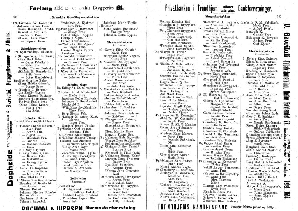 i S 3 e SC s, y 5 fq. Q Q ltid ti u. uhls Bryggenes X. 586 Schmidts Gt. Singskerbkken 2bJkbsen W. Kntrist Jhnsen Annie Frue Døsen Hnsine B. Kntd. Bsv^k J. fhv. Arb.