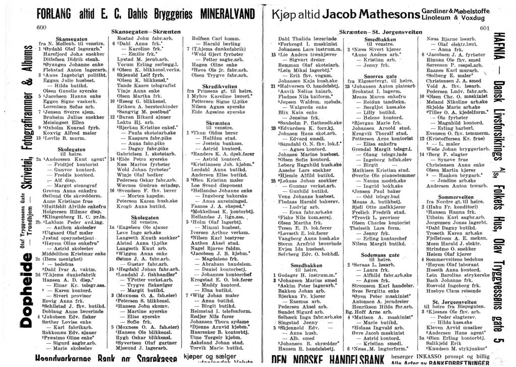 cfl ) H X. FRLANG ltid L G. Dhls Bryggenes MINERALVAND 600 Sknsegten frå N. Møllenb. - l iøydhl lf lgerrb.* Hrsfjrd Jh.s snekker Ditlefsen Didrik stenh. 0yngen Jhnne enke Flekstd Antn lgerrb.