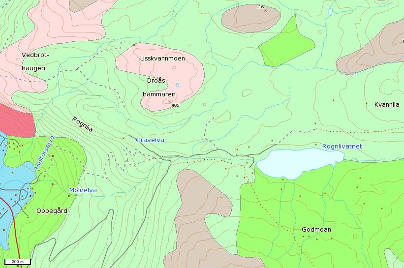 6.2.2 Sedimenter Mølnelva Figur 7. NGU s løsmassekart viser at influensområdet har mye tykk (grønn) og tynn morene (lys grønn). Kilde: Norges geologiske undersøkelse.