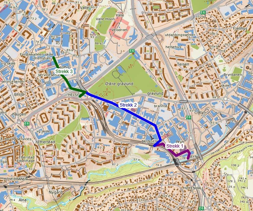 For å vurdere grad av tilrettelegging og gangvennlighet (se neste kapittel) har vi supplert overordnete vurderinger med mer detaljerte studier av tre strekninger De tre strekkene er vist i figur 30.