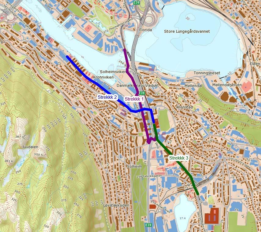 Fra Kronstadparken mot høyskolen er det også godt tilrettelagt for å gå. Det er fortau langs veien mellom bybanestoppene på Kronstad og Danmarks plass.