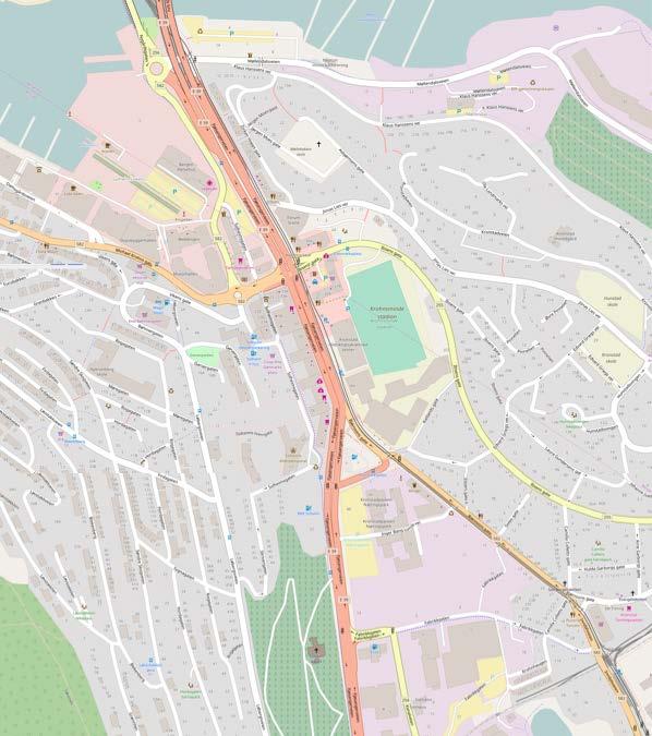 Figur 52: Gangvennlighet er undersøkt for den sentrale delen av Danmarks plass (markert med rødt). Kartet viser bebyggelsesstruktur, infrastruktur og del av funksjonene i området. Kilde: http://www.