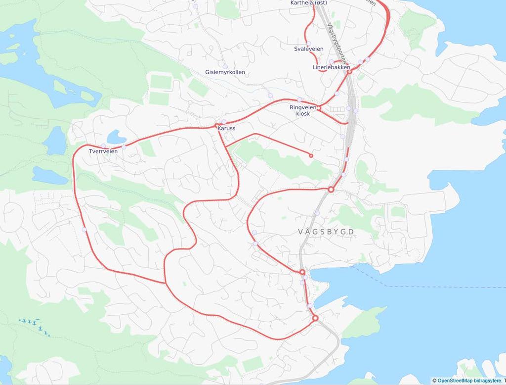 Figur 59: Kollektivtilbudet i caseområdet Vågsbygd er godt, med blant annet bussmetro. Røde linjer viser busstraseer. Holdeplassene er vist med sirkler. Kilde: http://www.openstreetmap.org/search?