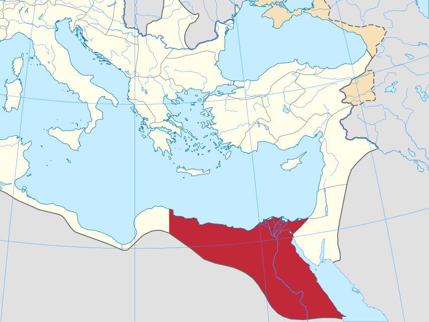 Figur 1. Provinsen Egypt i det romerske imperium. "Roman Empire - Aegyptus (125 AD)" av Shadowxfox. 17.11.2015 via Wikimedia Commons. Lisens: CC BY-SA 4.