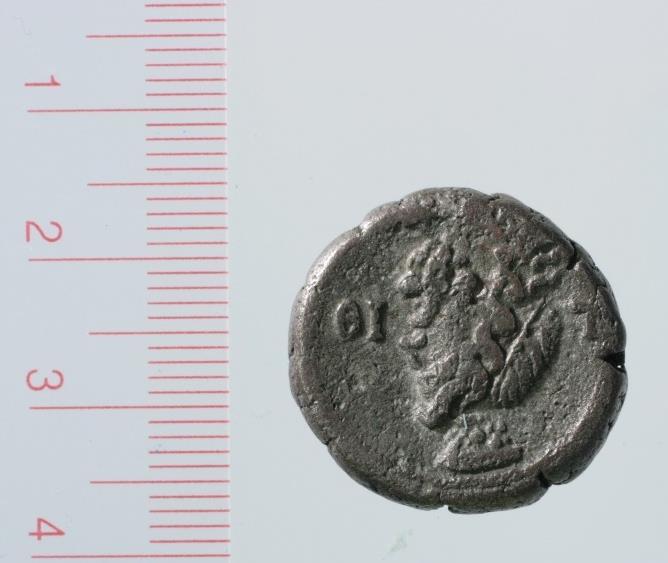 Bilde 13. Byste av Sarapis på mynt fra Marcus Aurelius."T 24737:905r" Foto: Andreas Risvaag, NTNU Vitenskapsmuseet (beskåret) Bilde 14. Byste av Sarapis på mynt fra Maximianus.
