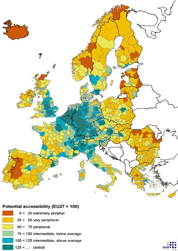 Figur 5.2 Multimodal tilgjengelighet for regioner i EU29.
