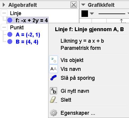 Legg også merke til at GeoGebra ikke nødvendigvis ordner likningen i algebrafeltet på formen y = ax + b.