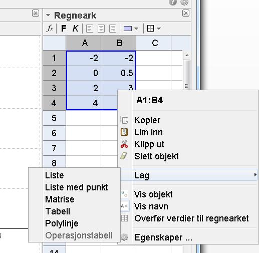 Nå ser du punktene i grafikkfeltet og som Liste1 i algebrafeltet.