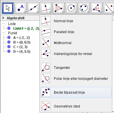 tilpasset linje. Klikk på Liste1 i algebrafeltet.