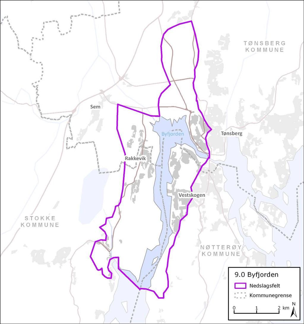 4.15 Byfjorden (nr. 9.0) Nedbørsfelt Byfjorden dekker et område på ca 31 km 2. Nedbørsfeltet omfatter Byfjorden og Vestfjorden og flere små bekker som renner direkte ut i fjorden.