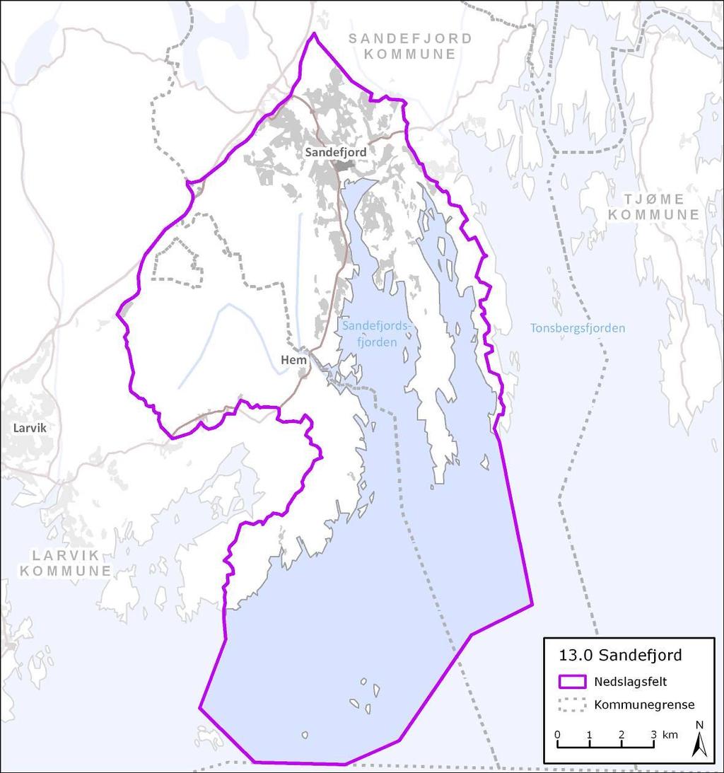 4.20 Sandefjord (nr. 13.0) Nedbørsfelt Sandefjord dekker et område på ca 170 km 2. Nedbørsfeltet består av Sandefjordsfjorden og Mefjorden samt vassdrag som Virikbekken og Istreelva.