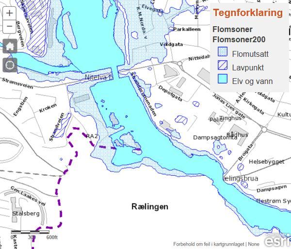 Kartet viser 200-års flomsoner i Skedsmo basert på data fra NVE.