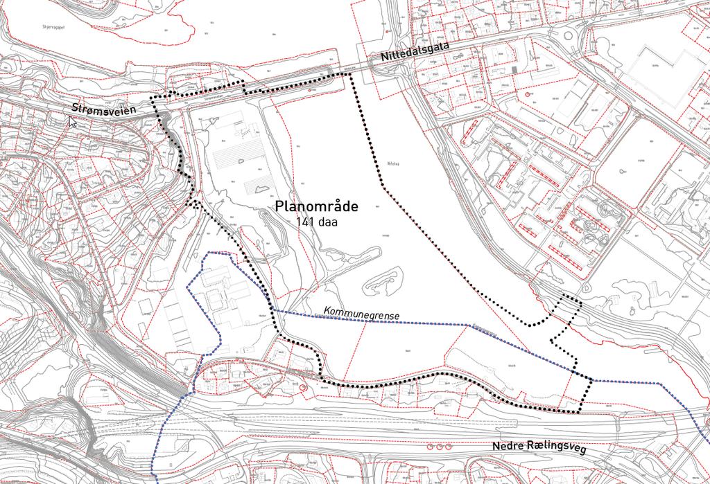 Planavgrensning. Kommunegrensen er markert med blå stiplet linje. 5.2.