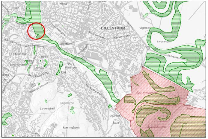 Planområdet ved Nitelva er markert med rød sirkel øverst til venstre. Naturtype viktig bekkedrag er grønt skravert. Sørumsneset naturreservat og Nordre Øyeren naturreservat er rødt skravert.