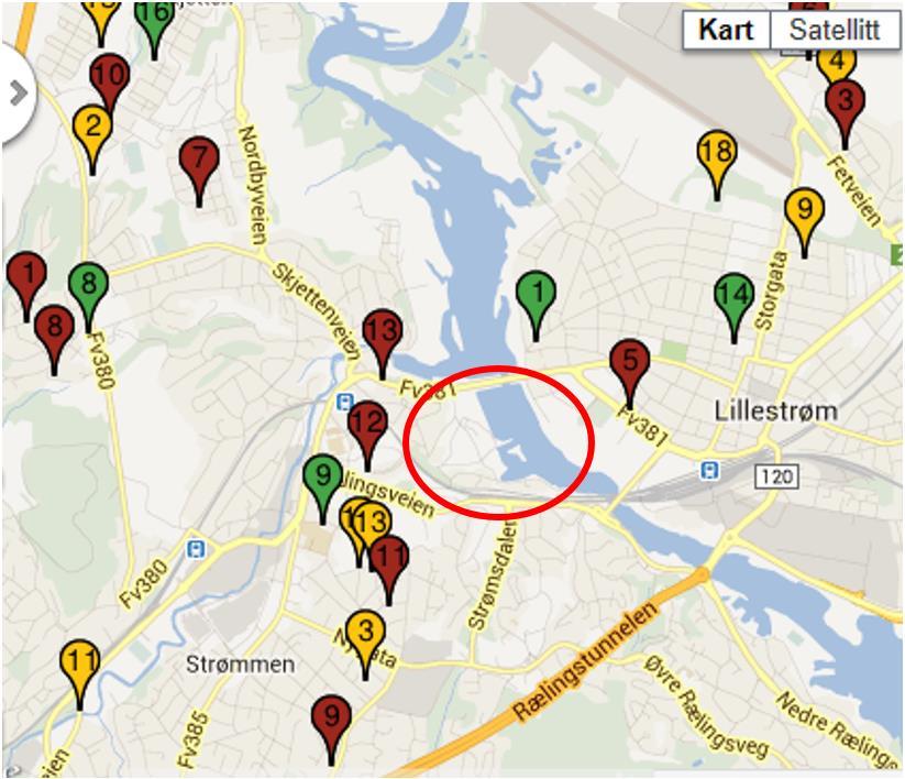 Oversikt over private barnehager (grønn markering), private familiebarnehager (rød markering) og kommunale Barnehager (gul markering). Kilde: Skedsmo kommune sine hjemmesider.