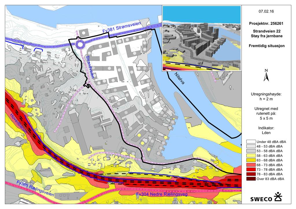5.17. Støyforhold 5.17.1. Fasadenivå I figuren under vises beregnet støy fra jernbane til området rundt med fremtidig planlagt situasjon for Strandveien 1.