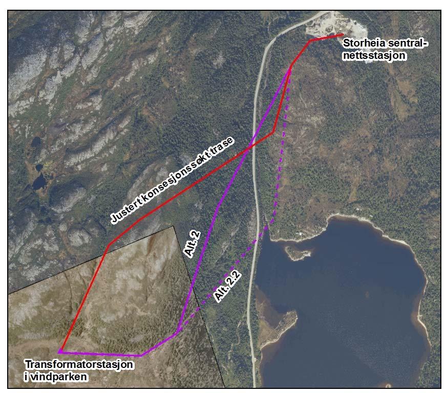 Storheia vindkraftverk - tilleggsutredninger Justert konsesjonssøkt trase - Alternativ 1 Trasejustering - Alternativ 2 Trasejustering - Alternativ 2.2 Traseene er vist i Figur 4.1 og Vedlegg 4.