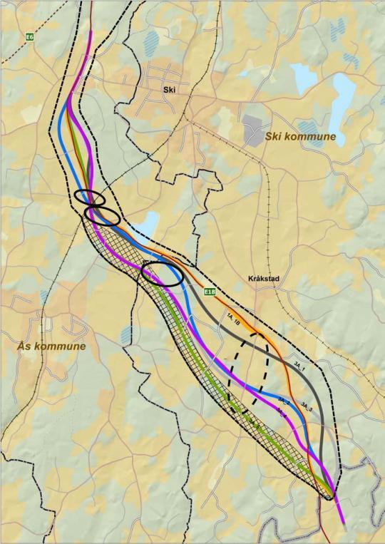 Kommunedelplan E18 Akershus grense Vinterbro. Ås kommune 30 Figur 9: Kart over planområdet for E18 fra Akershus grense til Vinterbro, der forslaget til utvidelse er skravert med sort.