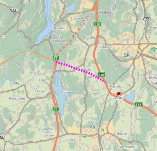 Kommunedelplan E18 Akershus grense Vinterbro. Ås kommune 47 Vinterbro E18 E6 Holstad Figur 19: Illustrasjon av prinsipp for kobling mellom E18 ved Holstad og E6 ved Vassumkrysset.