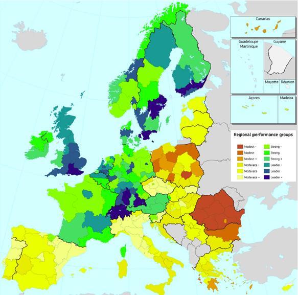 Figur 2 Innovasjonsevne i europeiske regioner Kart: EU Regional Innovation Scoreboard 2017 I løpet av 2000-tallet har Akershus-samfunnet lykkes i å redusere