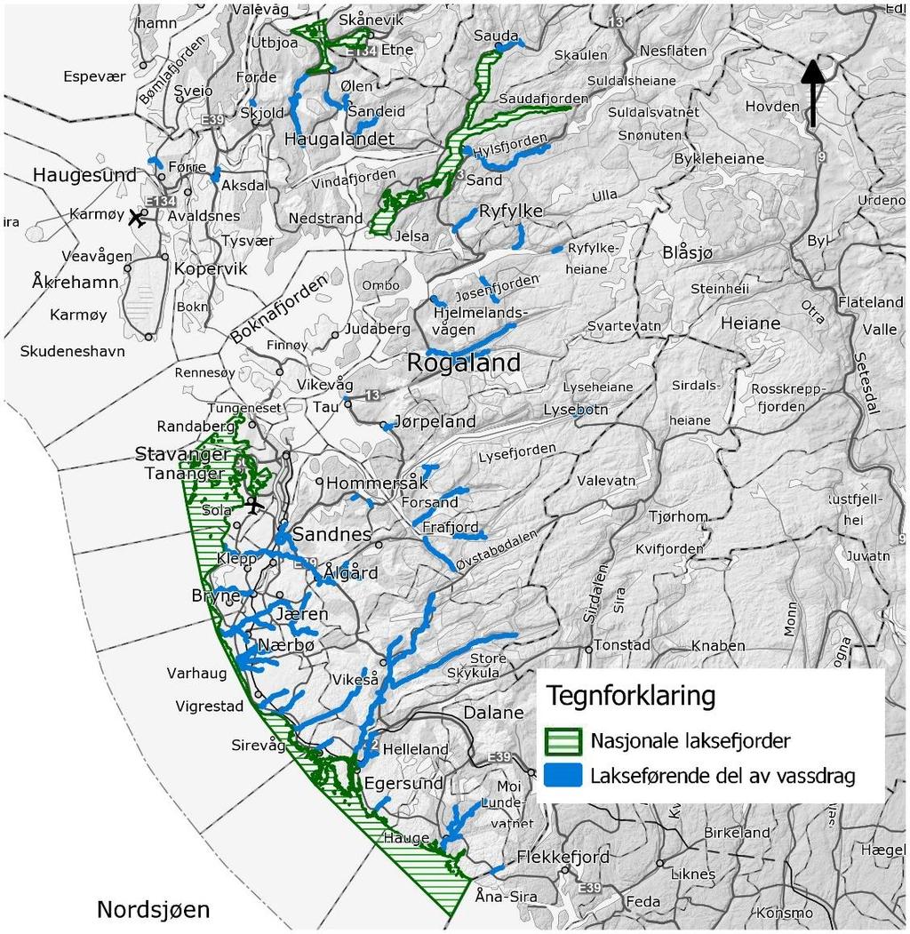 47 Kartet viser nasjonale laksefjordar i Rogaland. Kjelde Fiskeridirektoratet. I Rogaland er Sandsfjorden, Etnefjorden-Ølensfjorden og kysten frå Jæren til Dalane nasjonale laksefjordar.