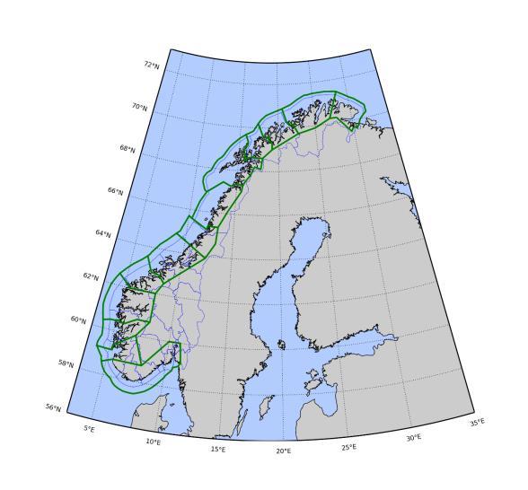 52 Kartet viser produksjonsområda i landet: Frå svenskegrensa til Jæren, Ryfylke, Karmøy til Sotra, Nord