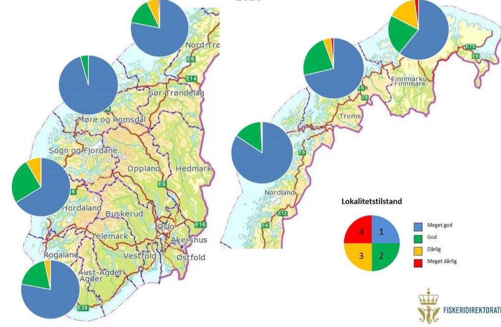 57 Kartet viser miljøtilstanden under oppdrettsanlegga i heile landet i 2016.