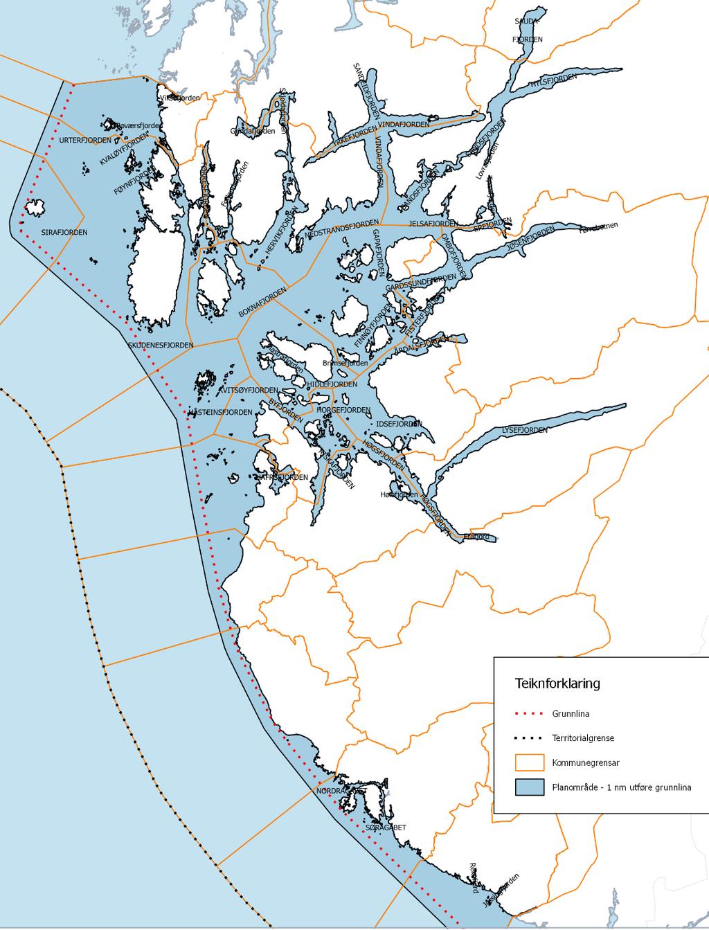 Kartet viser fjordane og kommunegrensene i sjøen.