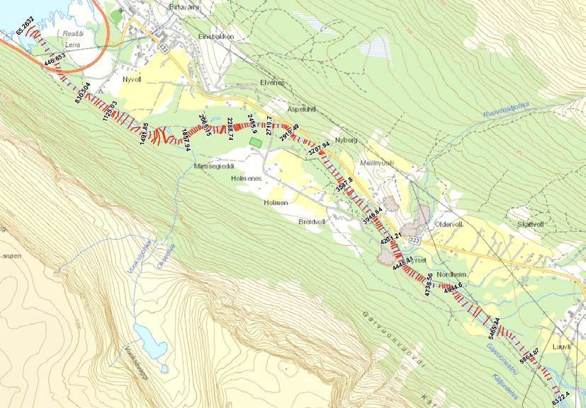 4 Resultater Det er beregnet for 199 profiler på en strekning på 6,2 km mellom kraftverksutløpet i elven og fjorden. Gjennomsnittlig avstand mellom hvert tverrprofil er på 31 meter.