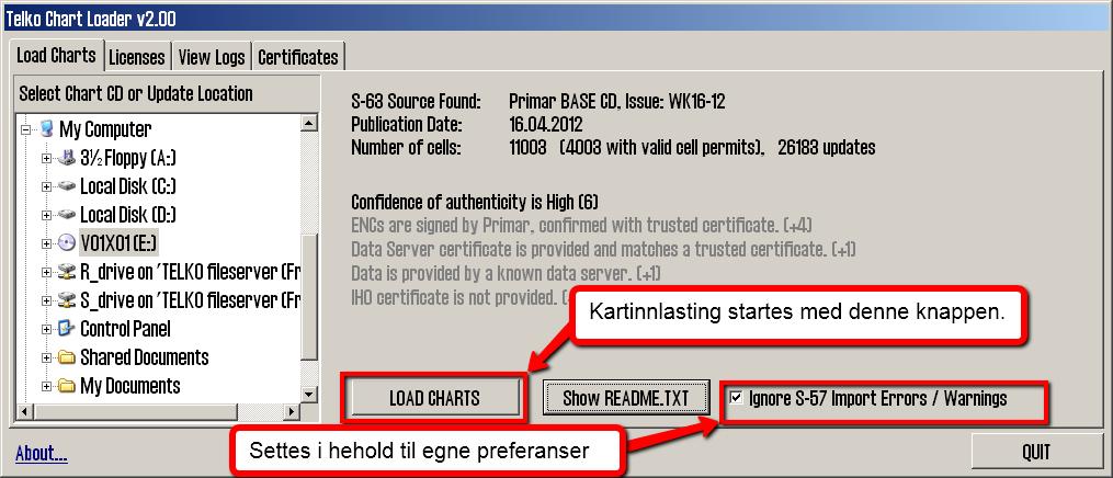 TECDIS Manual Page 117 Verdi Tekst i Load Charts fanen Forklaring +0 IHO certificate is not provided. TECDIS finner ikke IHO sertifikat på kart CD en, ekthet må vurderes manuelt.